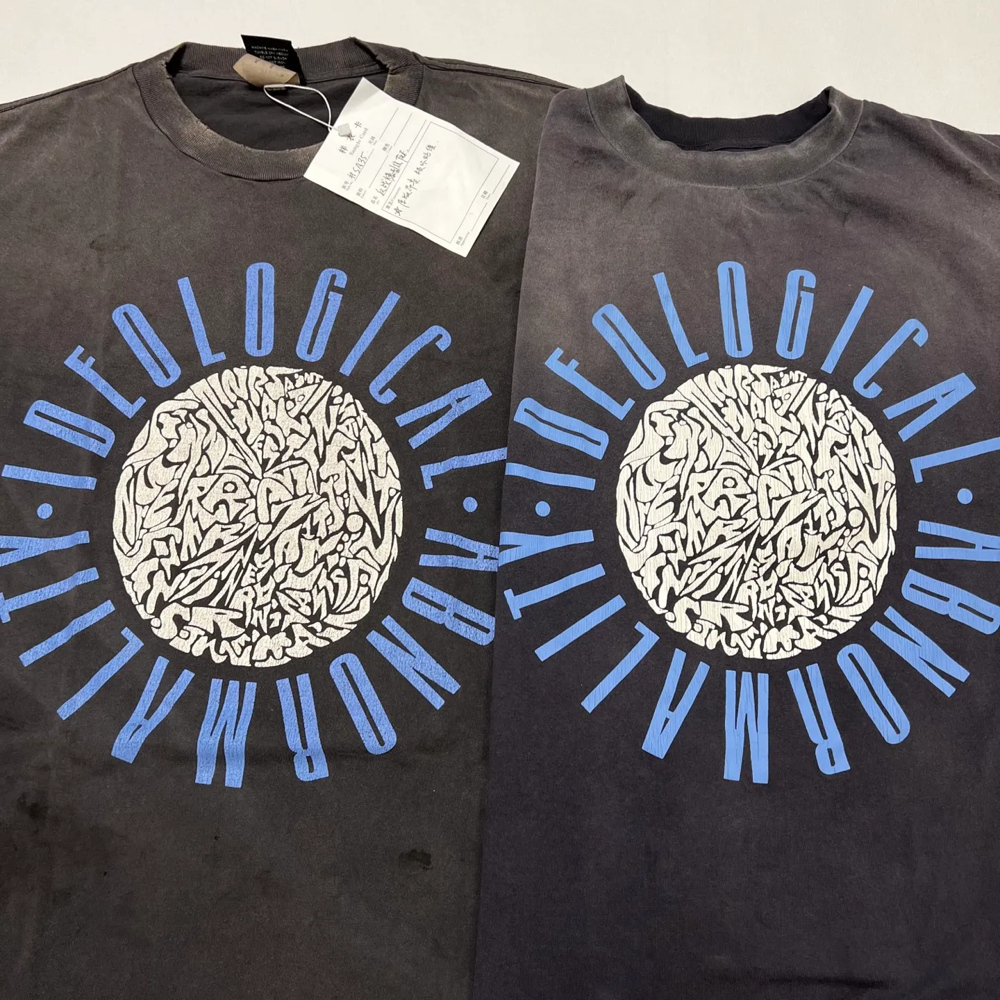 SAINT Mxxxxxx IDEOLOGICAL SS TEE/BLK Peace and anti-war crack pattern tee, washed black S-XL, look for the cylindrical fabric without side seams, the open width is almost meaningless Asut ready-made garments dyed, the whole piece is sprayed with horse-hair spray, and then sprayed again to fade, the collar and cuffs are frayed, many places are broken, oversized printing position, genuine level restoration, complete accessories, with little angel anti-counterfeiting label